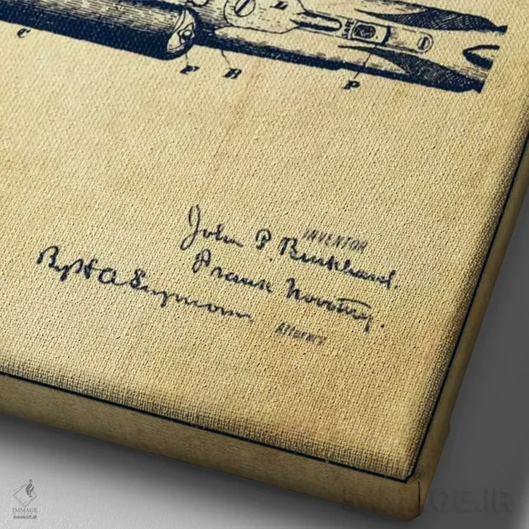 تابلو نقشهٔ ثبت اختراع اسلحه برکارد قدیمی اثر پیکسل کهنه (استودیو/نام هنری) - نمای نزدیک بافت بوم