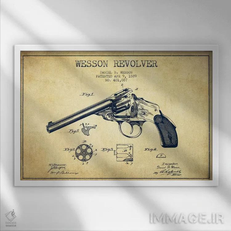 تابلو نقشهٔ ثبت اختراع رولور وسن قدیمی اثر پیکسل کهنه (استودیو/نام هنری) - نمای قابدار سفید