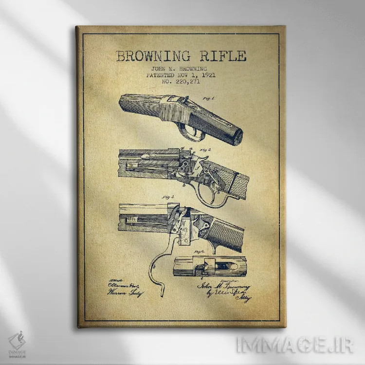 تابلو نقشهٔ ثبت اختراع تفنگ برونینگ قدیمی اثر پیکسل کهنه (استودیو/نام هنری) - نمای روبهرو روی دیوار