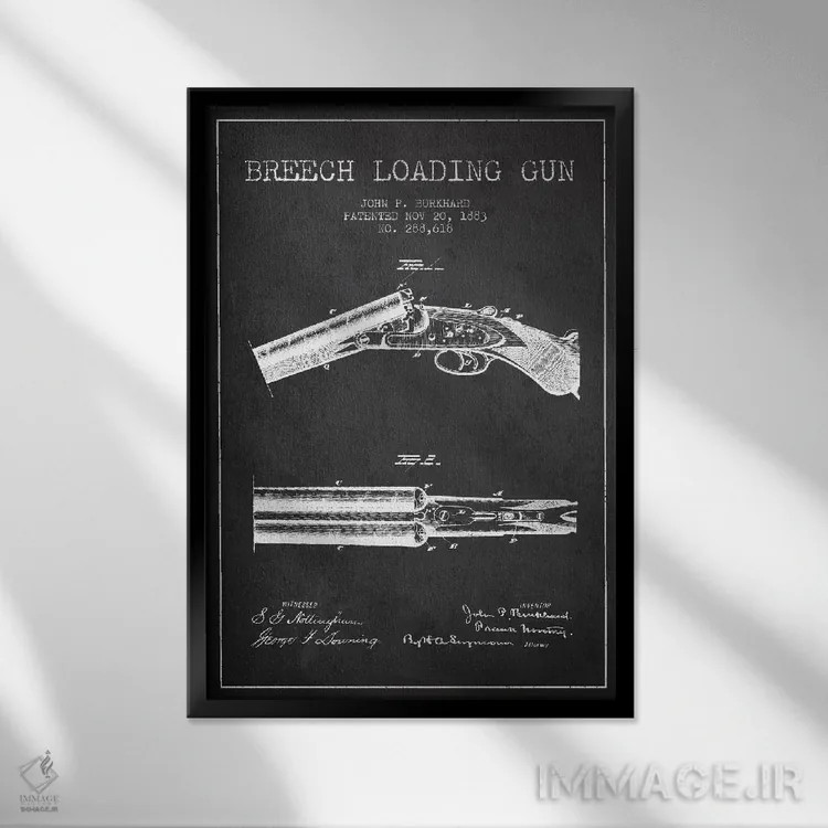 تابلو نقشهٔ ثبت اختراع اسلحه برکارد ذغالی اثر پیکسل کهنه (استودیو/نام هنری) - نمای قابدار مشکی