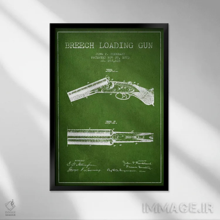 تابلو نقشهٔ ثبت اختراع اسلحه برکارد سبز اثر پیکسل کهنه (استودیو/نام هنری) - نمای قابدار مشکی