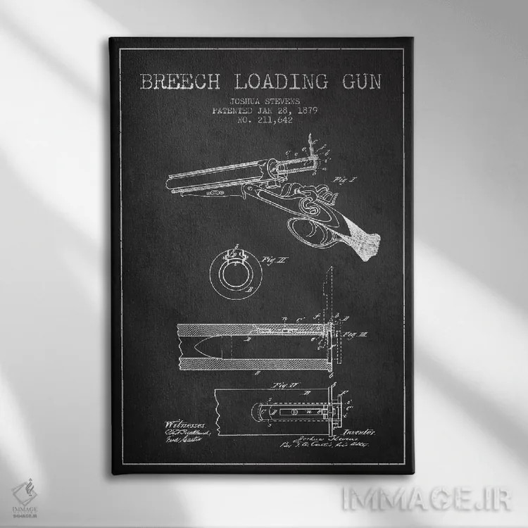 تابلو نقشهٔ ثبت اختراع اسلحه شاتگان استیونز ذغالی اثر پیکسل کهنه (استودیو/نام هنری) - نمای روبهرو روی دیوار