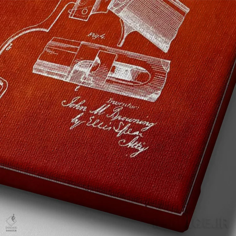 تابلو نقشهٔ ثبت اختراع تفنگ برونینگ قرمز اثر پیکسل کهنه (استودیو/نام هنری) - نمای نزدیک بافت بوم