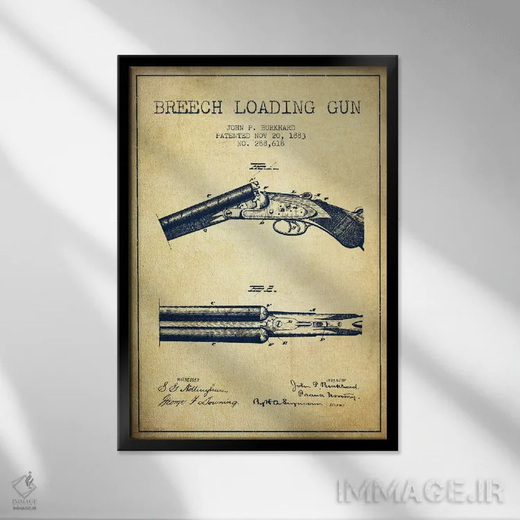 تابلو نقشهٔ ثبت اختراع اسلحه برکارد قدیمی اثر پیکسل کهنه (استودیو/نام هنری) - نمای قابدار مشکی