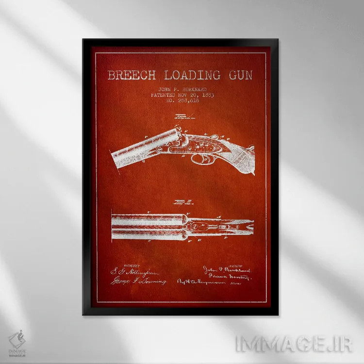 تابلو نقشهٔ ثبت اختراع اسلحه برکارد قرمز اثر پیکسل کهنه (استودیو/نام هنری) - نمای قابدار مشکی