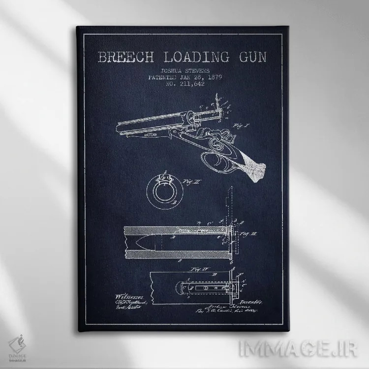 تابلو نقشهٔ ثبت اختراع اسلحه شاتگان استیونز سرمهای اثر پیکسل کهنه (استودیو/نام هنری) - نمای روبهرو روی دیوار