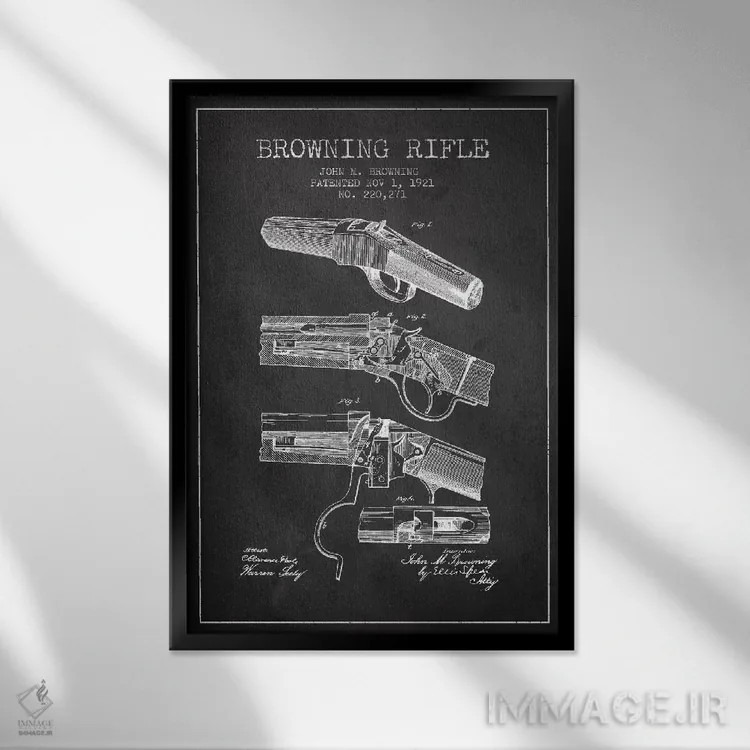 تابلو نقشهٔ ثبت اختراع تفنگ برونینگ ذغالی اثر پیکسل کهنه (استودیو/نام هنری) - نمای قابدار مشکی