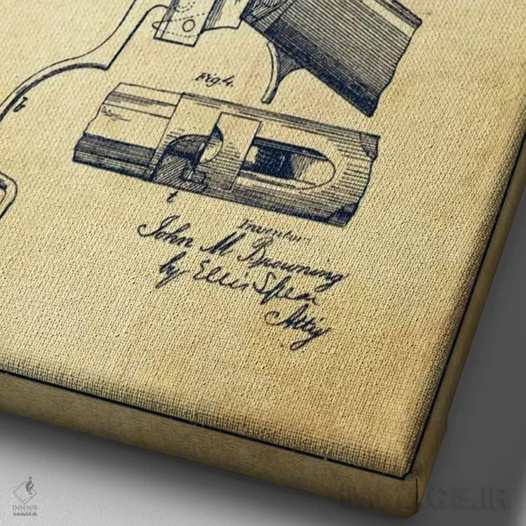 تابلو نقشهٔ ثبت اختراع تفنگ برونینگ قدیمی اثر پیکسل کهنه (استودیو/نام هنری) - نمای نزدیک بافت بوم