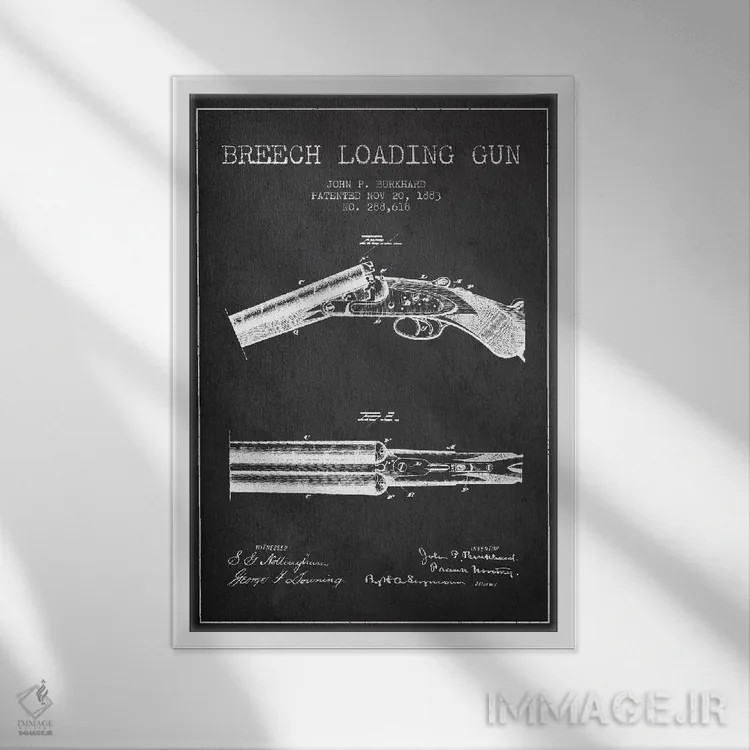 تابلو نقشهٔ ثبت اختراع اسلحه برکارد ذغالی اثر پیکسل کهنه (استودیو/نام هنری) - نمای قابدار سفید