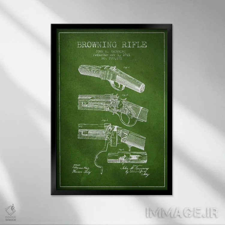 تابلو نقشهٔ ثبت اختراع تفنگ برونینگ سبز اثر پیکسل کهنه (استودیو/نام هنری) - نمای قابدار مشکی