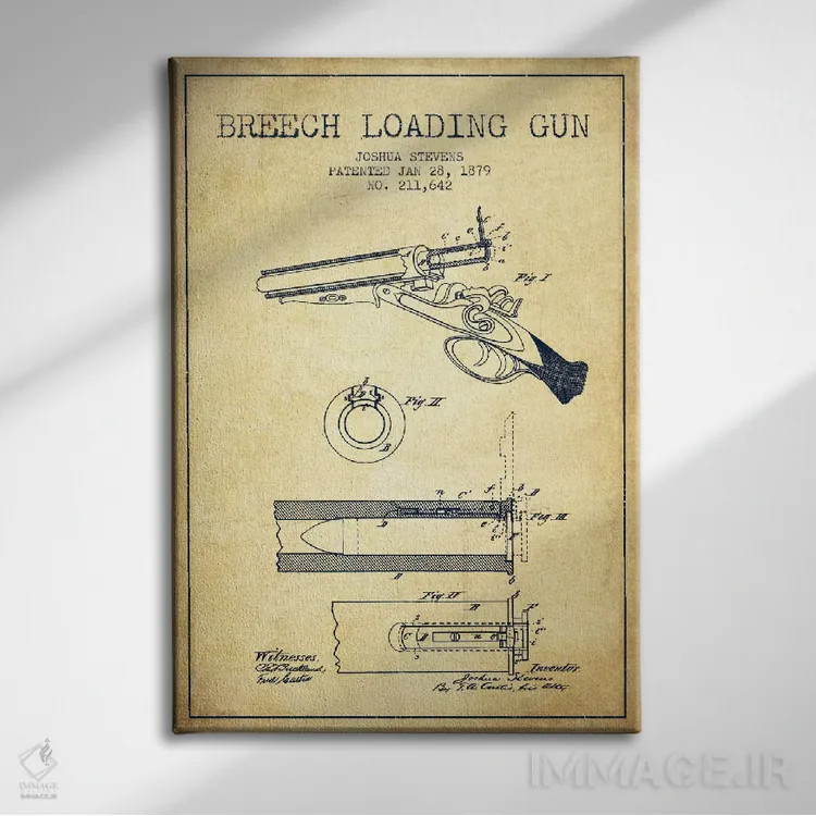 تابلو نقشهٔ ثبت اختراع اسلحه شاتگان استیونز قدیمی اثر پیکسل کهنه (استودیو/نام هنری) - نمای روبهرو روی دیوار
