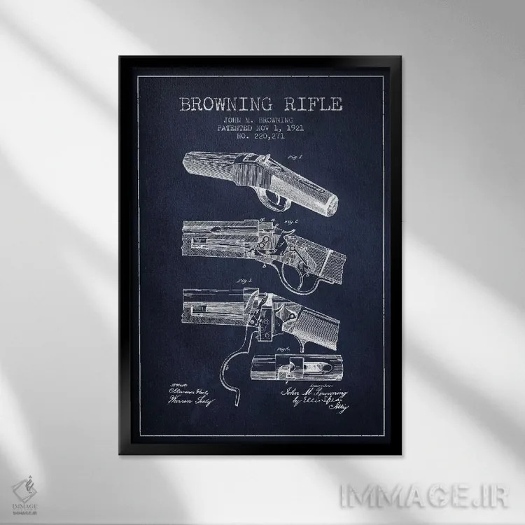 تابلو نقشهٔ ثبت اختراع تفنگ برونینگ سرمهای اثر پیکسل کهنه (استودیو/نام هنری) - نمای قابدار مشکی
