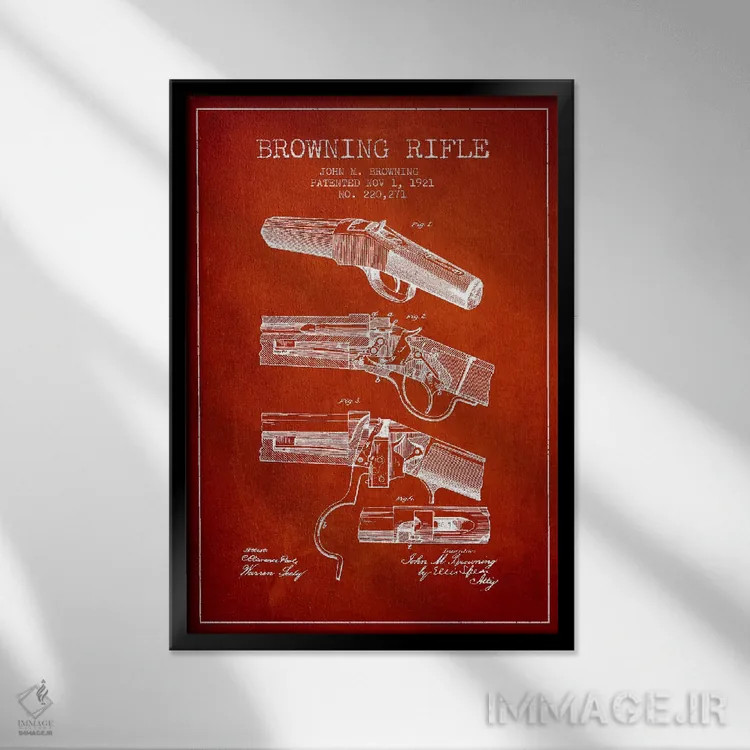 تابلو نقشهٔ ثبت اختراع تفنگ برونینگ قرمز اثر پیکسل کهنه (استودیو/نام هنری) - نمای قابدار مشکی