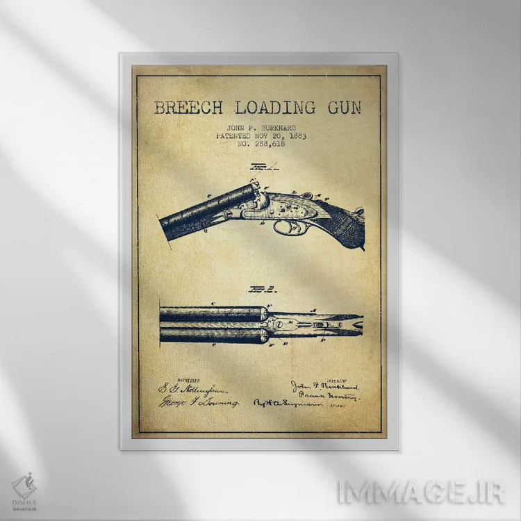 تابلو نقشهٔ ثبت اختراع اسلحه برکارد قدیمی اثر پیکسل کهنه (استودیو/نام هنری) - نمای قابدار سفید