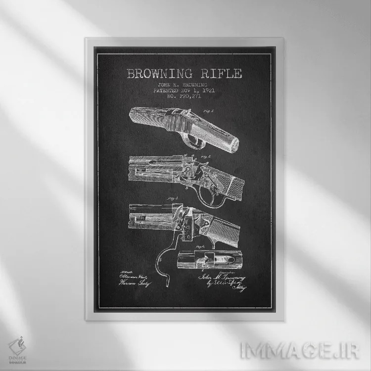 تابلو نقشهٔ ثبت اختراع تفنگ برونینگ ذغالی اثر پیکسل کهنه (استودیو/نام هنری) - نمای قابدار سفید