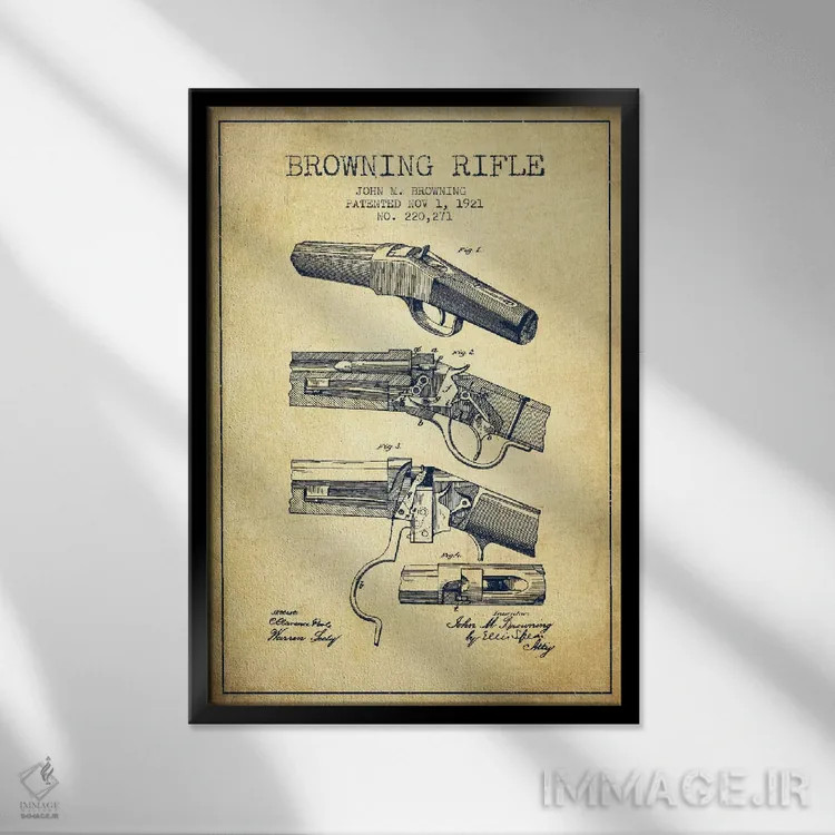 تابلو نقشهٔ ثبت اختراع تفنگ برونینگ قدیمی اثر پیکسل کهنه (استودیو/نام هنری) - نمای قابدار مشکی