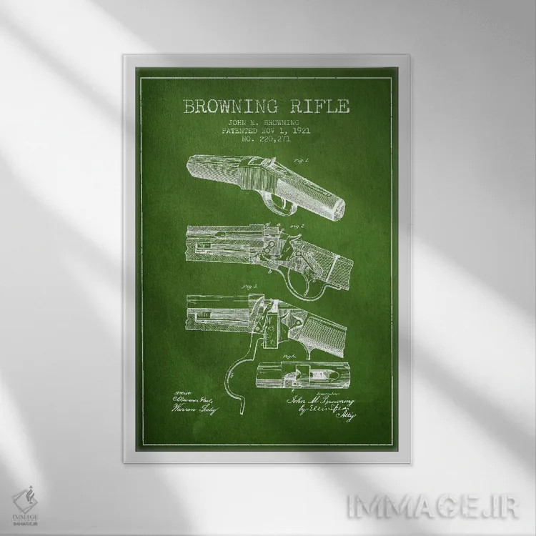 تابلو نقشهٔ ثبت اختراع تفنگ برونینگ سبز اثر پیکسل کهنه (استودیو/نام هنری) - نمای قابدار سفید