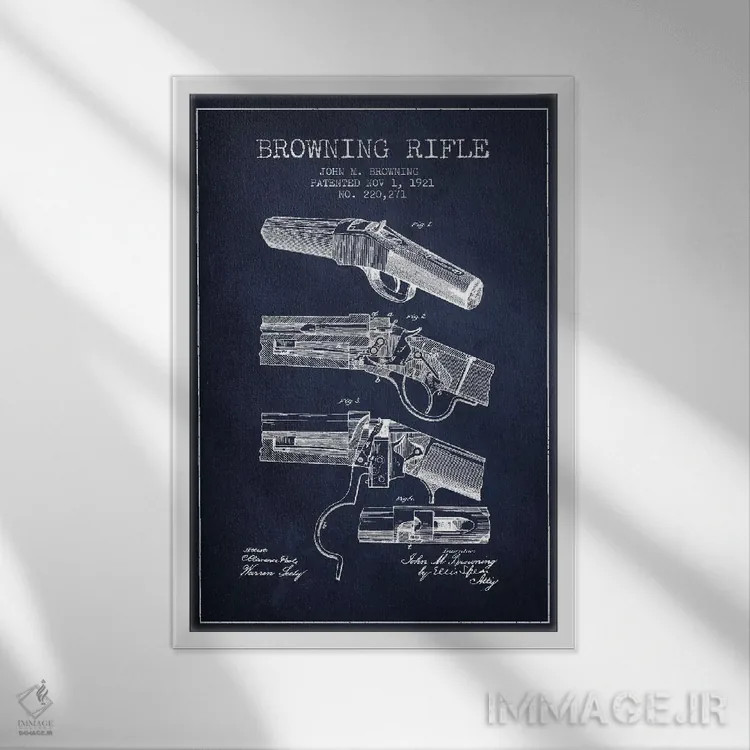 تابلو نقشهٔ ثبت اختراع تفنگ برونینگ سرمهای اثر پیکسل کهنه (استودیو/نام هنری) - نمای قابدار سفید