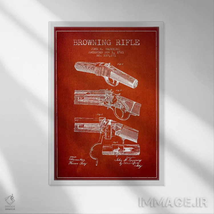 تابلو نقشهٔ ثبت اختراع تفنگ برونینگ قرمز اثر پیکسل کهنه (استودیو/نام هنری) - نمای قابدار سفید