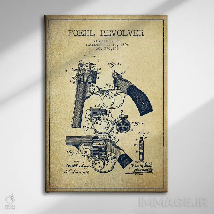 تابلو نقشهٔ ثبت اختراع رولور فوهل قدیمی اثر پیکسل کهنه (استودیو/نام هنری) - نمای روبهرو روی دیوار