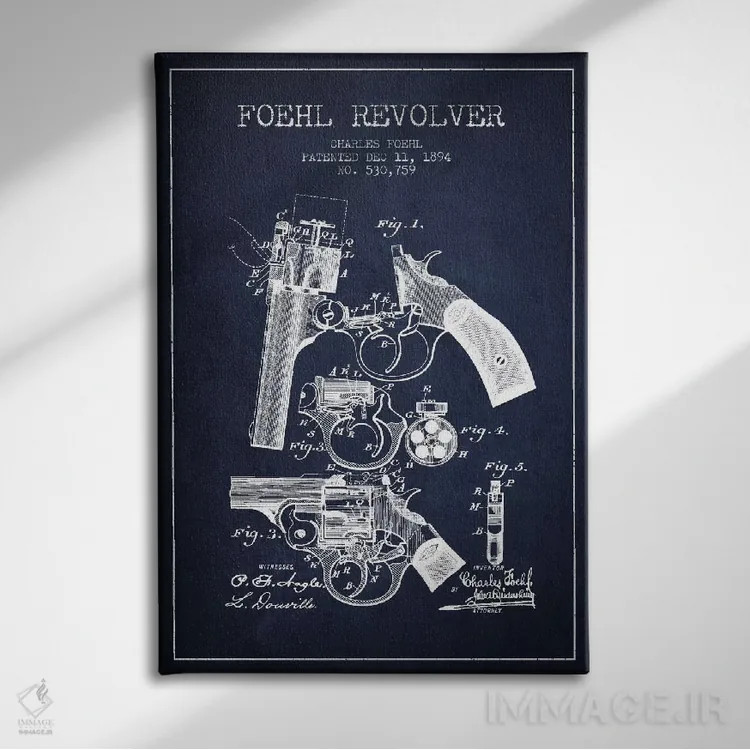 تابلو نقشهٔ ثبت اختراع رولور فوهل سرمهای اثر پیکسل کهنه (استودیو/نام هنری) - نمای روبهرو روی دیوار