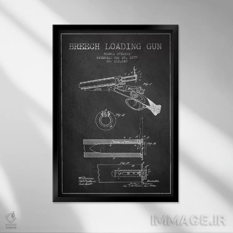 تابلو نقشهٔ ثبت اختراع اسلحه شاتگان استیونز ذغالی اثر پیکسل کهنه (استودیو/نام هنری) - نمای قابدار مشکی