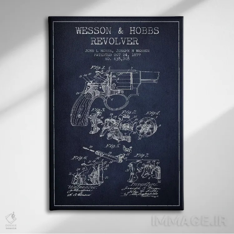 تابلو نقشهٔ ثبت اختراع رولور وسن و هابز سرمهای اثر پیکسل کهنه (استودیو/نام هنری) - نمای روبهرو روی دیوار