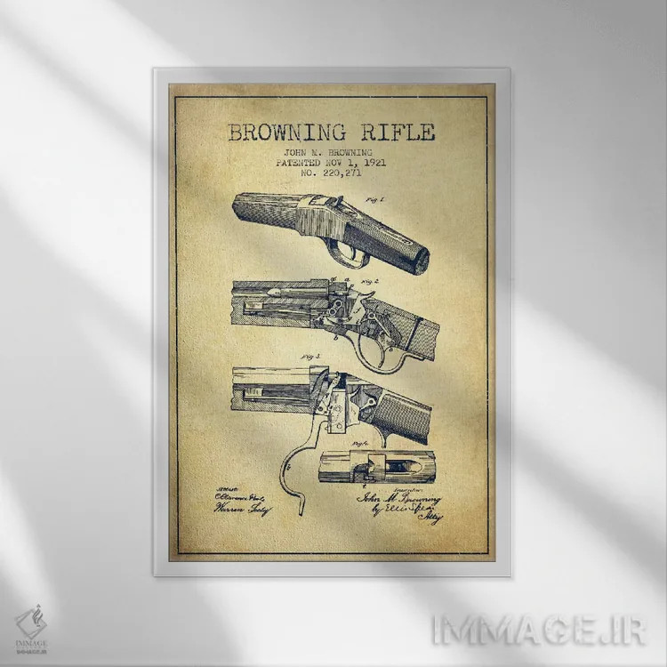 تابلو نقشهٔ ثبت اختراع تفنگ برونینگ قدیمی اثر پیکسل کهنه (استودیو/نام هنری) - نمای قابدار سفید