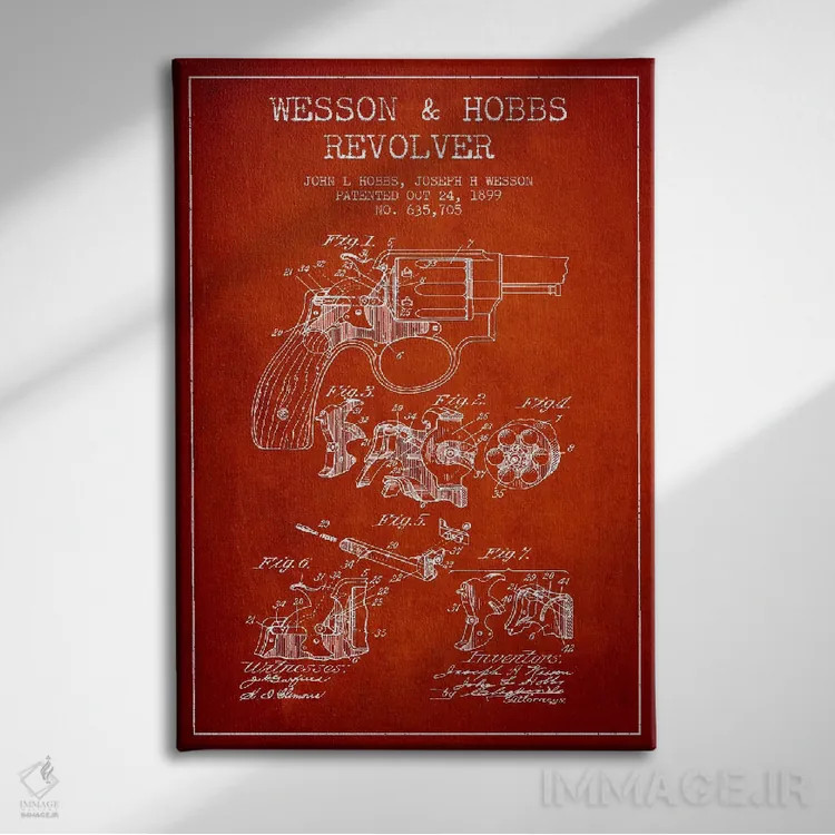 تابلو نقشهٔ ثبت اختراع رولور وسن و هابز قرمز اثر پیکسل کهنه (استودیو/نام هنری) - نمای روبهرو روی دیوار