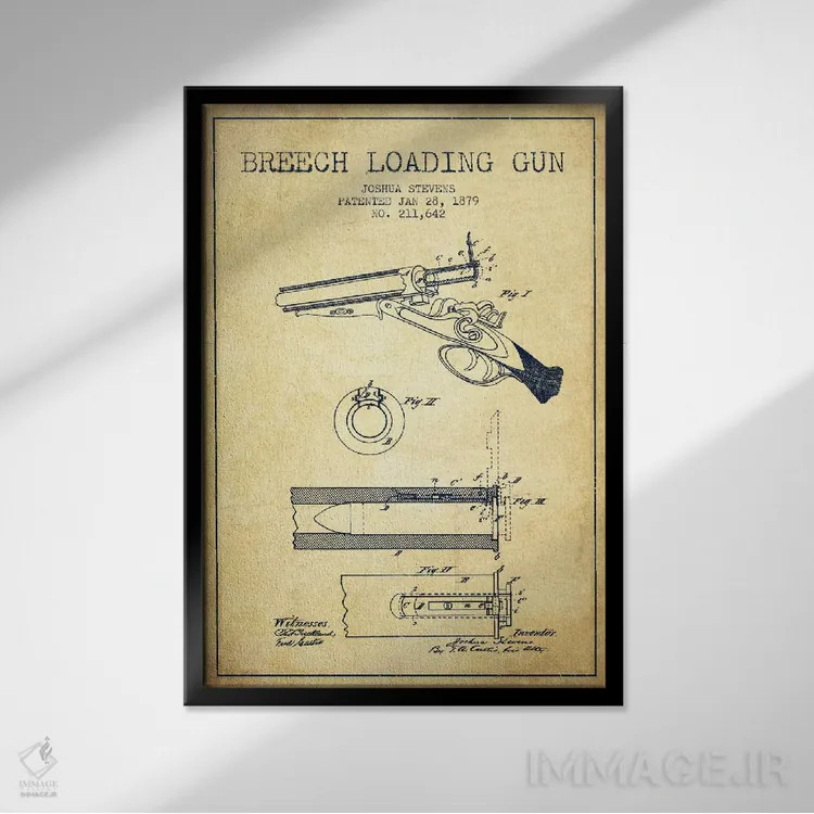 تابلو نقشهٔ ثبت اختراع اسلحه شاتگان استیونز قدیمی اثر پیکسل کهنه (استودیو/نام هنری) - نمای قابدار مشکی