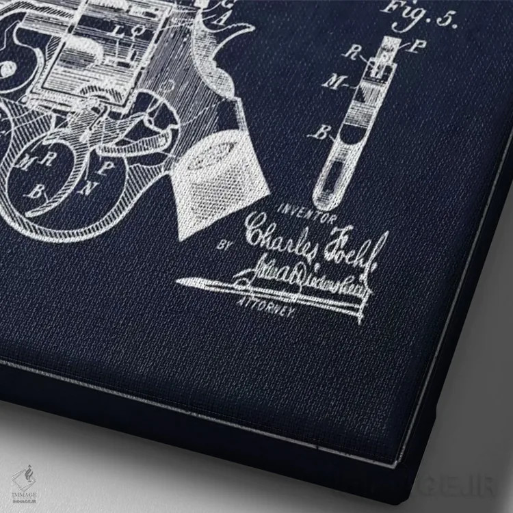 تابلو نقشهٔ ثبت اختراع رولور فوهل سرمهای اثر پیکسل کهنه (استودیو/نام هنری) - نمای نزدیک بافت بوم