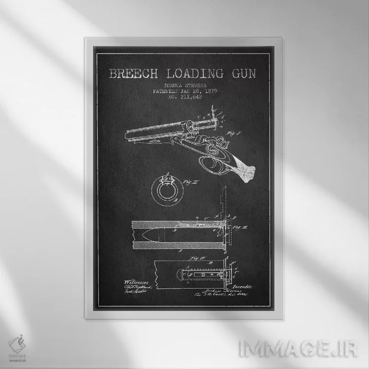 تابلو نقشهٔ ثبت اختراع اسلحه شاتگان استیونز ذغالی اثر پیکسل کهنه (استودیو/نام هنری) - نمای قابدار سفید