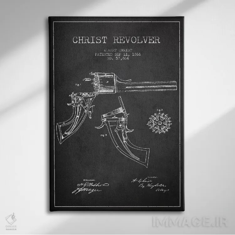 تابلو نقشهٔ ثبت اختراع رولور کریست ذغالی اثر پیکسل کهنه (استودیو/نام هنری) - نمای روبهرو روی دیوار