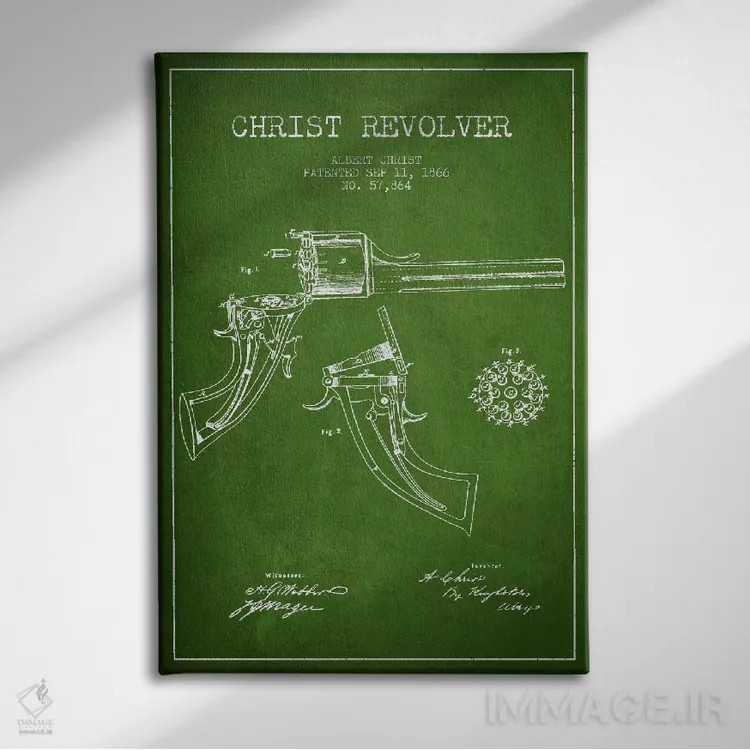 تابلو نقشهٔ ثبت اختراع رولور کریست سبز اثر پیکسل کهنه (استودیو/نام هنری) - نمای روبهرو روی دیوار