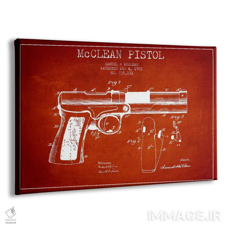 تابلو نقشهٔ ثبت اختراع تپانچه مککلین قرمز اثر پیکسل کهنه (استودیو/نام هنری) - نمای پرسپکتیو محصول