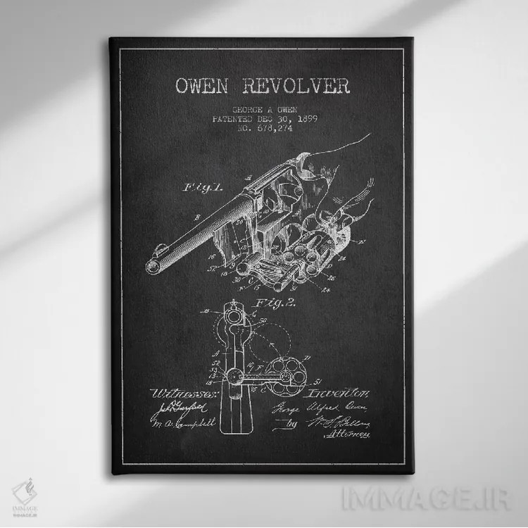 تابلو نقشهٔ ثبت اختراع رولور اوون ذغالی اثر پیکسل کهنه (استودیو/نام هنری) - نمای روبهرو روی دیوار