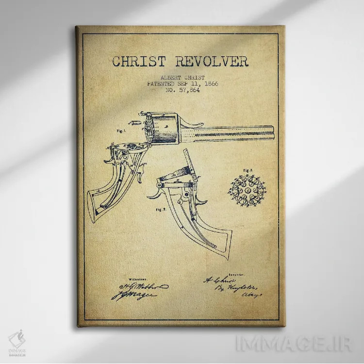تابلو نقشهٔ ثبت اختراع رولور کریست قدیمی اثر پیکسل کهنه (استودیو/نام هنری) - نمای روبهرو روی دیوار