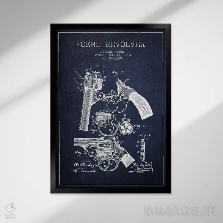 تابلو نقشهٔ ثبت اختراع رولور فوهل سرمهای اثر پیکسل کهنه (استودیو/نام هنری) - نمای قابدار مشکی