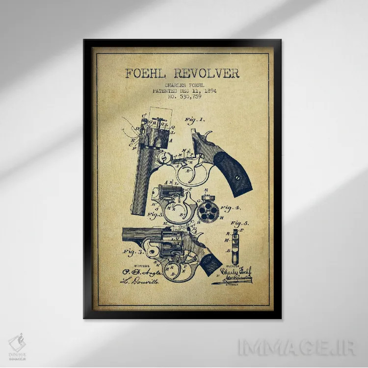 تابلو نقشهٔ ثبت اختراع رولور فوهل قدیمی اثر پیکسل کهنه (استودیو/نام هنری) - نمای قابدار مشکی