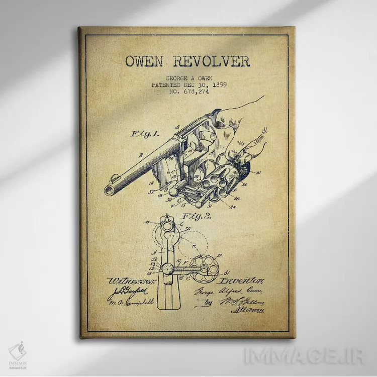 تابلو نقشهٔ ثبت اختراع رولور اوون قدیمی اثر پیکسل کهنه (استودیو/نام هنری) - نمای روبهرو روی دیوار