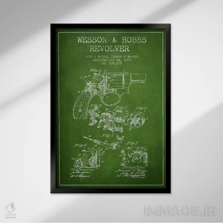 تابلو نقشهٔ ثبت اختراع رولور وسن و هابز سبز اثر پیکسل کهنه (استودیو/نام هنری) - نمای قابدار مشکی