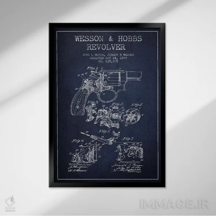 تابلو نقشهٔ ثبت اختراع رولور وسن و هابز سرمهای اثر پیکسل کهنه (استودیو/نام هنری) - نمای قابدار مشکی