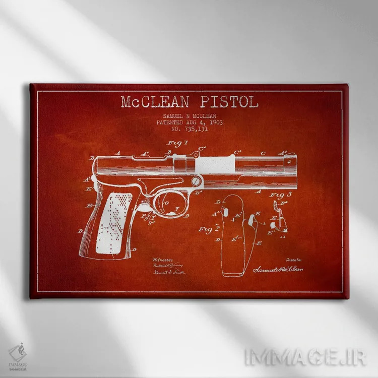 تابلو نقشهٔ ثبت اختراع تپانچه مککلین قرمز اثر پیکسل کهنه (استودیو/نام هنری) - نمای روبهرو روی دیوار