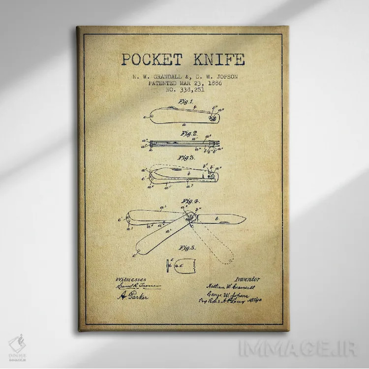 تابلو نقشهٔ ثبت اختراع چاقوی جیبی قدیمی اثر پیکسل کهنه (استودیو/نام هنری) - نمای روبهرو روی دیوار