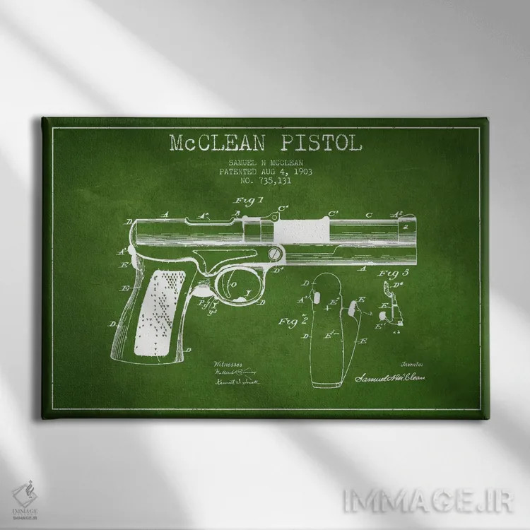 تابلو نقشهٔ ثبت اختراع تپانچه مککلین سبز اثر پیکسل کهنه (استودیو/نام هنری) - نمای روبهرو روی دیوار