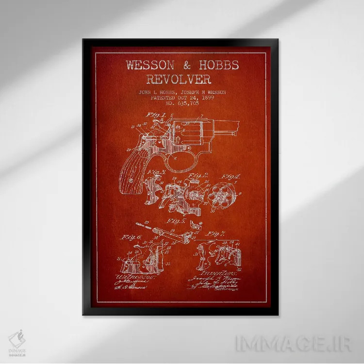 تابلو نقشهٔ ثبت اختراع رولور وسن و هابز قرمز اثر پیکسل کهنه (استودیو/نام هنری) - نمای قابدار مشکی