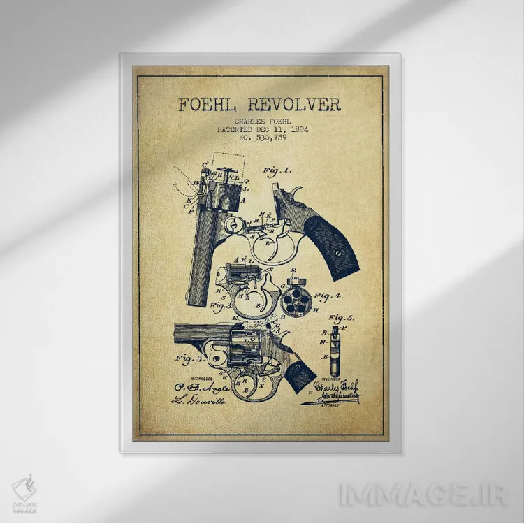 تابلو نقشهٔ ثبت اختراع رولور فوهل قدیمی اثر پیکسل کهنه (استودیو/نام هنری) - نمای قابدار سفید