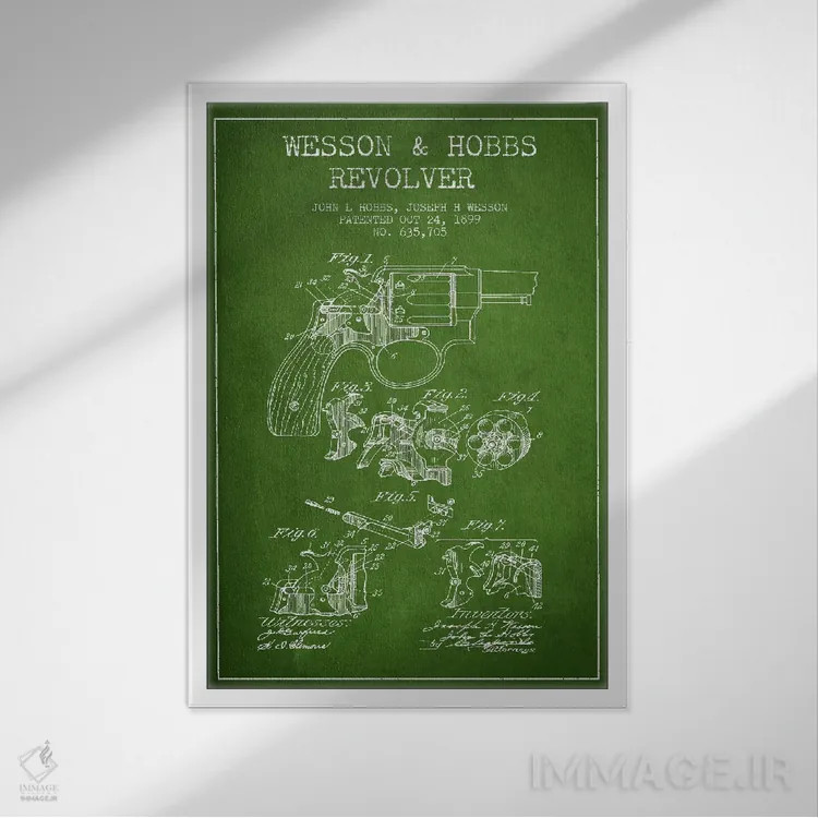 تابلو نقشهٔ ثبت اختراع رولور وسن و هابز سبز اثر پیکسل کهنه (استودیو/نام هنری) - نمای قابدار سفید