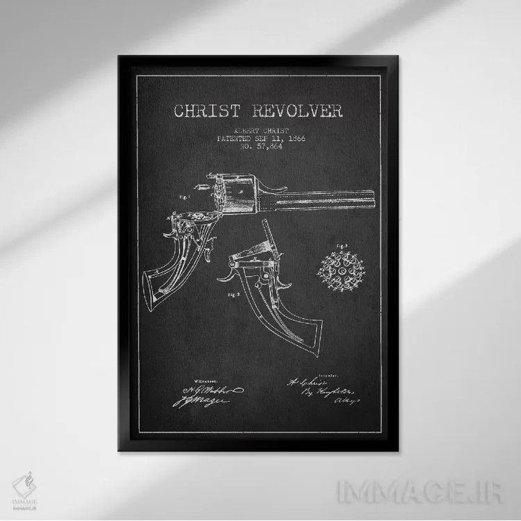 تابلو نقشهٔ ثبت اختراع رولور کریست ذغالی اثر پیکسل کهنه (استودیو/نام هنری) - نمای قابدار مشکی