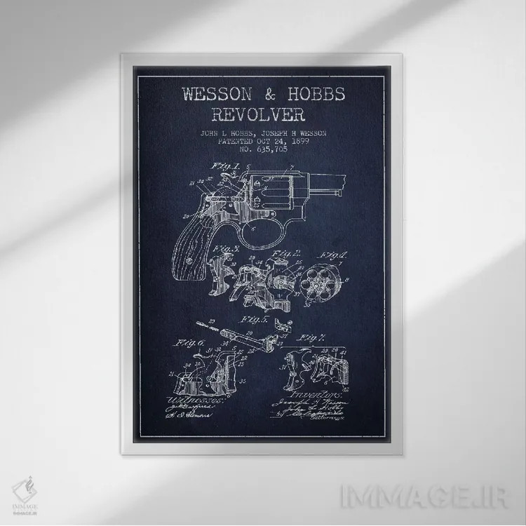 تابلو نقشهٔ ثبت اختراع رولور وسن و هابز سرمهای اثر پیکسل کهنه (استودیو/نام هنری) - نمای قابدار سفید